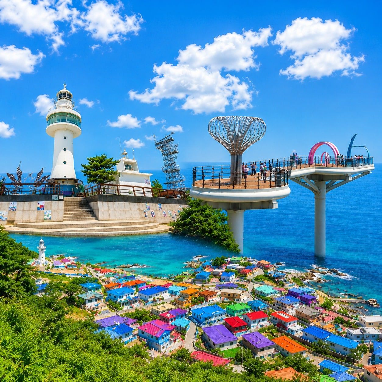 A white lighthouse above a skywalk and a hillside of brightly painted roofs by a turquoise sea