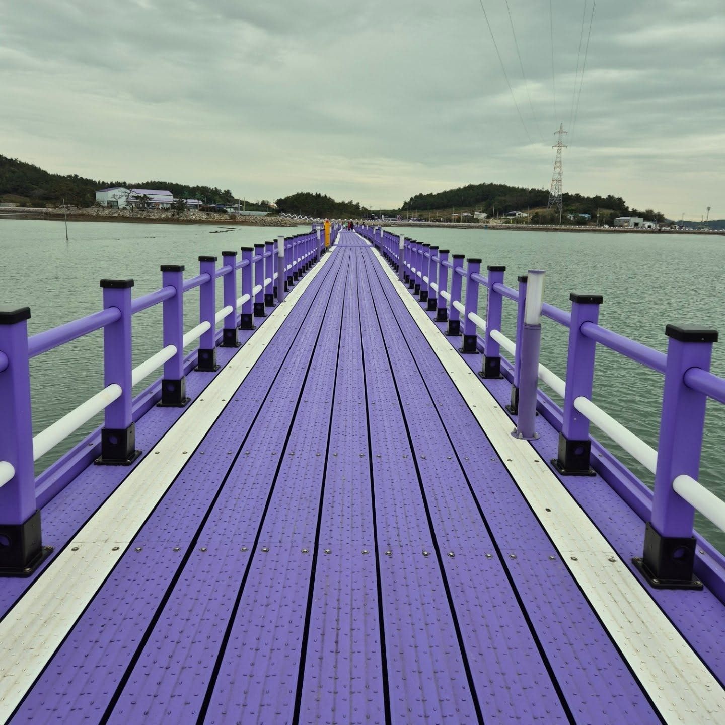 The purple footbridge stretching across the water to the island